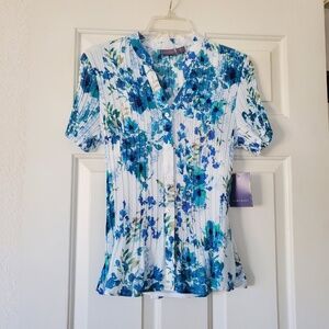 Laura Scott Blue White Pleated Floral Short Sleeve 2 Piece Blouse Top Medium NEW